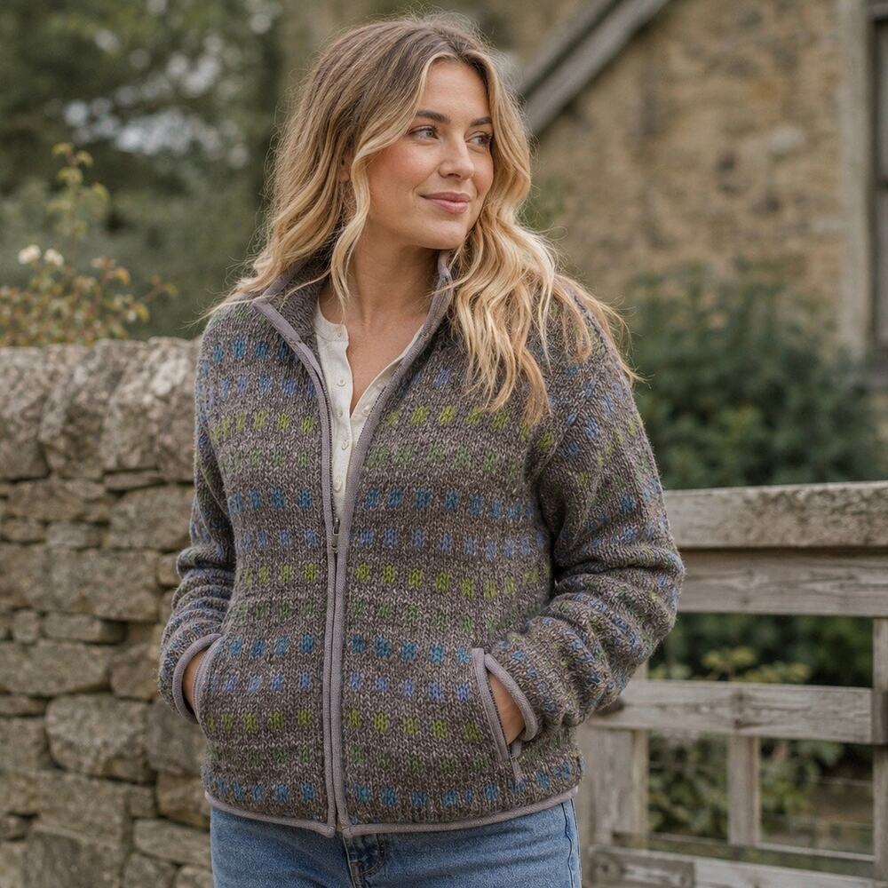 Pachamama Made in Nepal Fleece Lined Wool Knit Full Zip Cardigan Gray Small